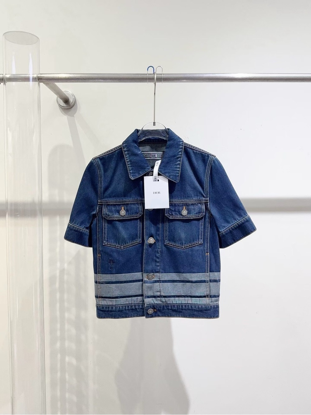 Dior Dark Blue Short-Sleeve Denim Jacket with Faded Hem Stripes